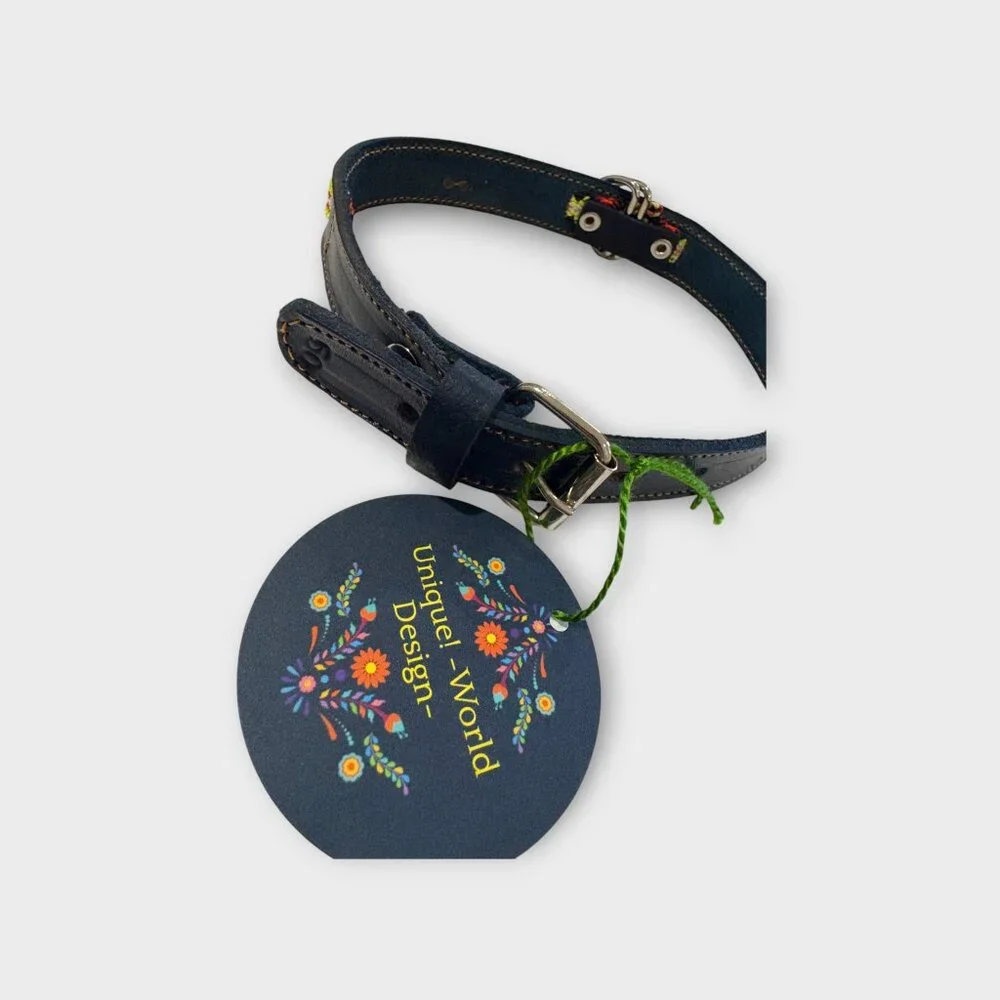 Blue Embroidered Dog Collar with Pink & Orange Accents